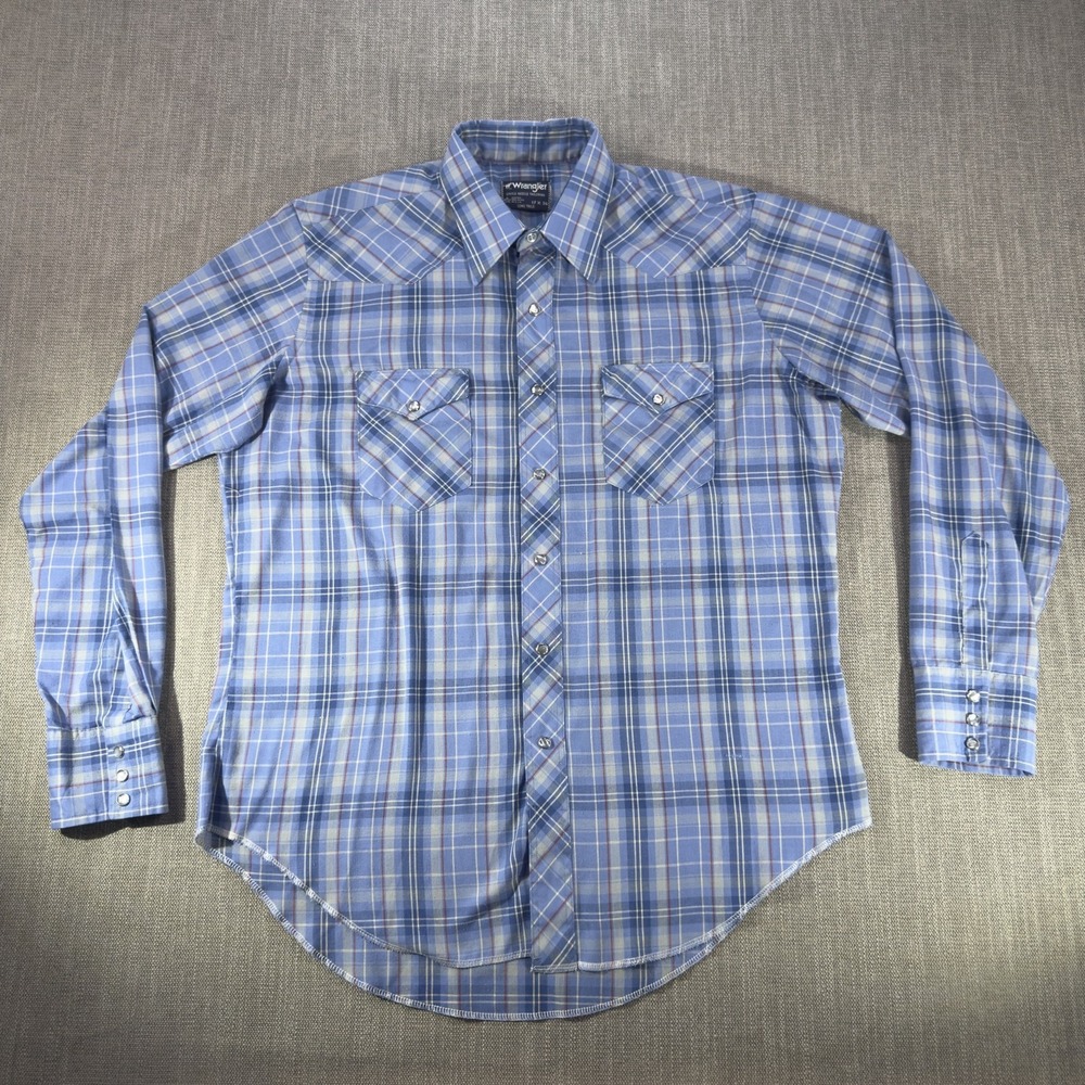 Vintage Wrangler Shirt Mens XL Blue Plaid Western Pearl Snap Long Sleeve USA